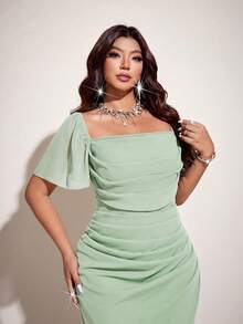 Viva Relle 大尺碼女款春夏輕量奢華優雅星空風鼠尾草綠方領泡泡袖長洋裝，抽褶腰正式禮服 - 綠色 - 查看 3