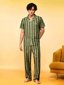 Notgurli Striped Print Open Front Lapel Short Sleeve Long Pants Men's Loungewear Pajama 2 Pieces Set - Multicolor - View 4