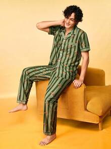 Notgurli Striped Print Open Front Lapel Short Sleeve Long Pants Men's Loungewear Pajama 2 Pieces Set - Multicolor - View 7