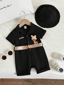 SHEIN 男女嬰童通用 2件/套休閒可愛童軍短袖連身衣與遮陽帽套裝，實用造型，春/夏季男嬰童服飾，童軍造型 - 黑色 - 查看 3