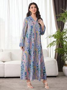 SHEIN Najma 女款花卉印花休閒派對旅行阿拉伯風洋裝 - 藍色 - 查看 4