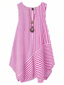 SHEIN 大尺碼女款休閒極簡條紋不對稱下擺洋裝 - 玫紅色 - 查看 1