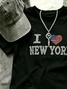 BamGleam 夏季素色 I Love New York 心形印花英文字母水鑽亮面休閒時尚寬鬆短袖T恤 - 藏蓝色 - 查看 5