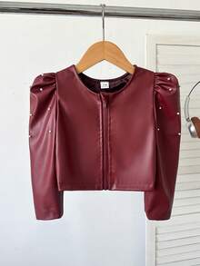 SHEIN Elladie kids 少女酒紅色珠飾拉鍊時尚皮革夾克 - 酒紅色 - 查看 3