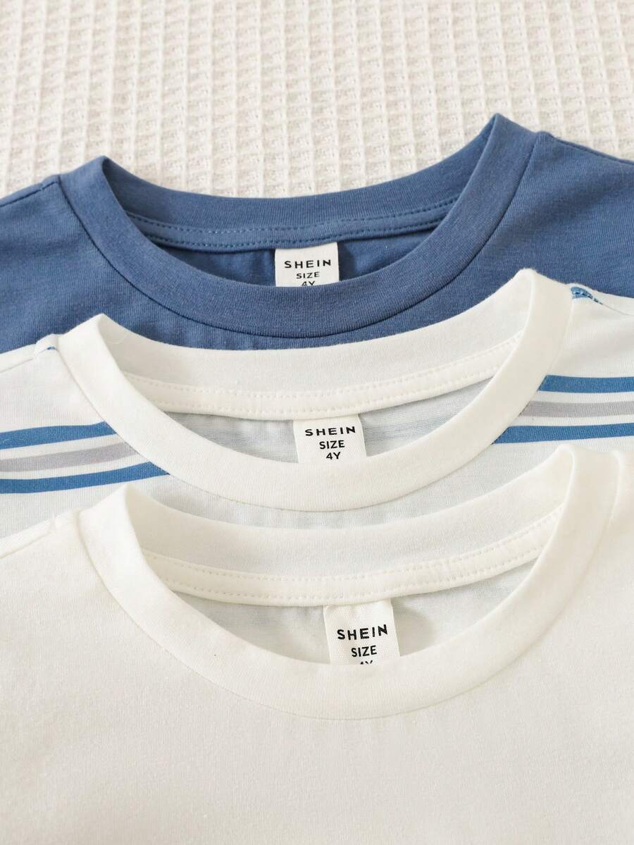 SHEIN 3件/套 青少年男童女童休閒學院風 素色百搭撞色條紋圓領長袖T恤多件套 舒適百搭 適合外出居家 適合春夏秋冬四季 適合校園 適合派對 適合假期 適合新年 - 彩色 - 查看 1
