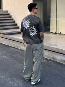 DAZY 男士花卉印花休閒百搭日常旅行水洗短袖T恤 - 深灰色 - 查看 3