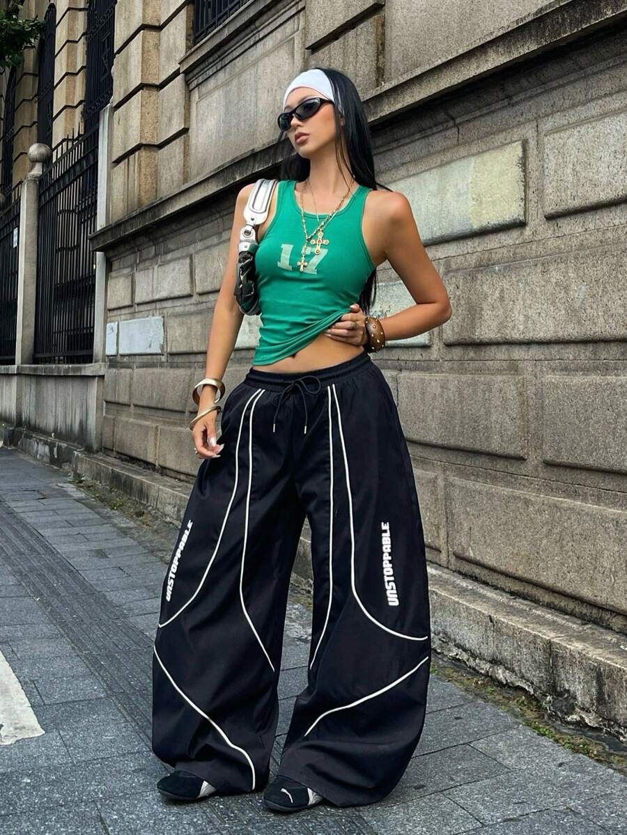 Coolane 女款夏季西式牛仔街頭風演唱會Y2K森林迷彩寬鬆低腰香蕉褲 黑色 - 黑色 - 查看 1