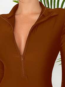 SHEIN Swim 女款素色翻領拉鍊半開襟收腰顯瘦貼身長袖連身泳衣 - 咖啡棕 - 查看 6