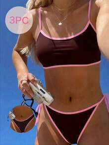 Swim Mod 2025 Women's New 3-Piece Set Spaghetti Strap Wire-Free Solid Color Shoulder Strap Separate Double Bikini Swimsuit - Brown - View 1