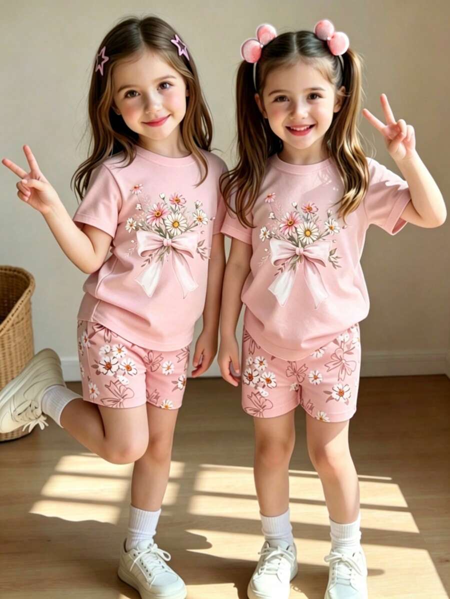 Elladie kids 女童新款時尚日常休閒碎花印花漂亮上衣與設計蝴蝶結碎花印花短褲套裝,清新風格,春季風格,女童套裝,女童服裝,休閒度假,適合春季&夏季,夏季甜美可愛,可戶外穿著,攝影,返校,運動,節日,波西米亞風禮物,春季氛圍,夏季氛圍,春季&夏季穿搭,舒適自在,時尚女童套裝,休閒穿著,兒童圖案服裝,春季&夏季套裝,新風格,悠閒愜意,春季氛圍悠閒夏季度假 - 彩色 - 查看 1