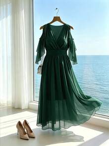 Franclia Vestido largo elegante de unicolor con volantes para mujer talla grande para primavera y verano - Verde Oscuro - Ver 4