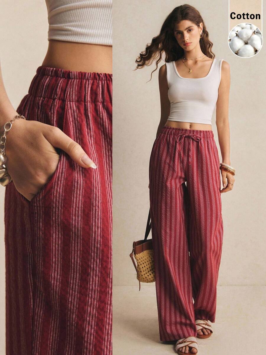 Poéselle Women's Casual Striped Drawstring Waist Straight Leg Pants