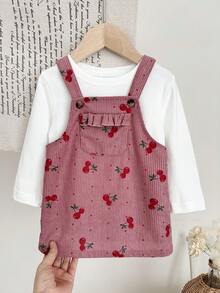 SHEIN LMoss Kids 女嬰編織燈芯絨櫻桃圖案背心裙，加厚燈芯絨面料，適合秋冬穿著 - 藕粉色 - 查看 8