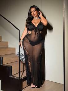 NU&NOW Plus Size Women's Black Halter Neck Lace Patchwork Mesh Sheer Waist Cut Out Fitted Dress, Spring Summer Mature Party Outfit - Black - View 4