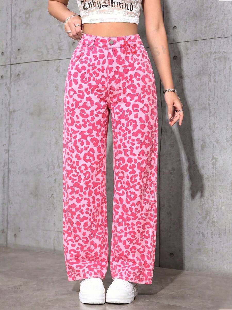 SHEIN ICON 女款時尚豹紋牛仔長褲 - 粉色 - 查看 1