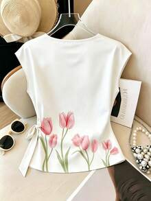 SHEIN Franclia Áo thun nữ cổ tròn không tay dáng rộng in hoa - trắng - Xem 2
