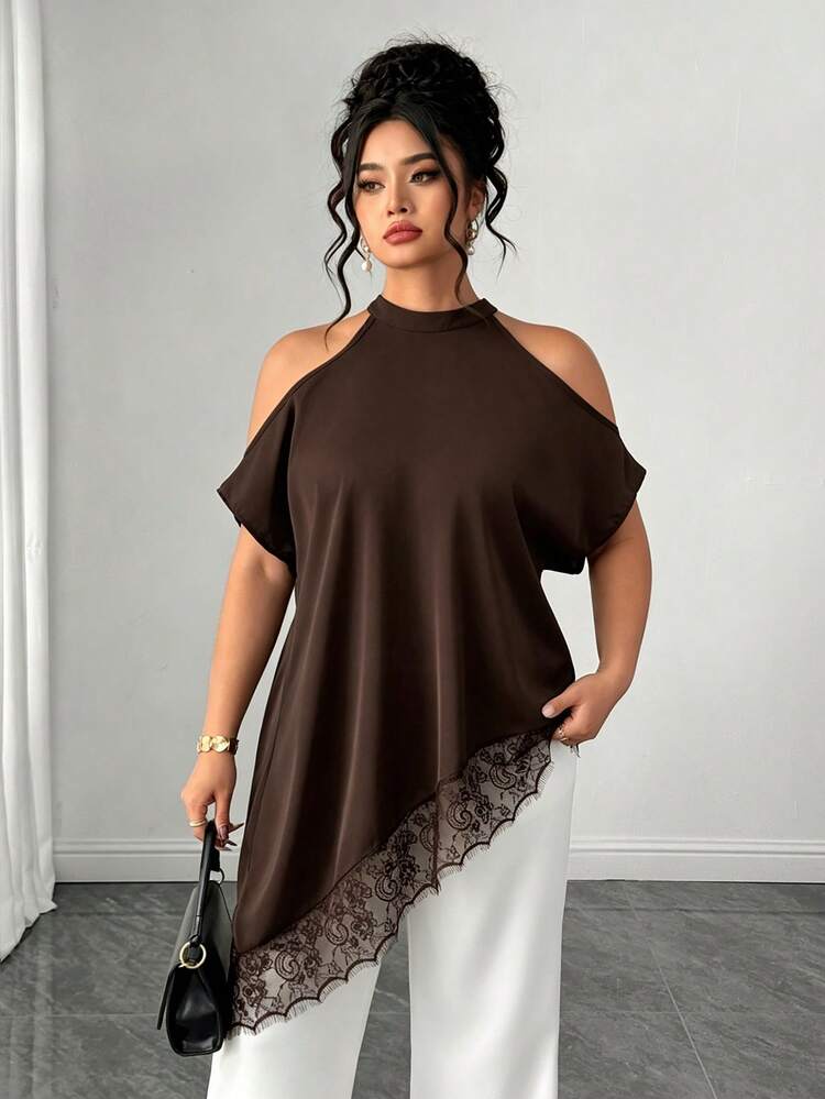 Elenzga Plus Size Women's Lace Patchwork Halter Neck Casual Versatile Daily Outing Blouse - Brown - View 7