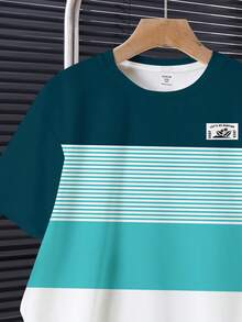 Teen Boy Casual Comfortable Fashion Minimalist Crew Neck Short Sleeve T-Shirt And Shorts Set, Classic Cool Striped Pattern Print, Color Block Patchwork Pattern Print, Exquisite Coconut Tree Small Logo Pattern Print, Suitable For Spring And Summer - Multicolor - View 4