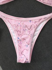 Costavie 女款2件組夏季海灘比基尼套裝，亮片刺繡面料，後綁帶細肩帶上衣與比基尼泳褲，海濱泳裝 - 粉色 - 查看 5