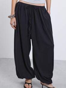 COUREZ Low Rise Extreme Jersey Parachute Balloon Jogger Y2K Casual Summer For Women Going Out Lounge Daily Pants Plain Black - Black - View 7