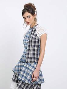 COUREZ 拼接蕾絲與格紋修身上衣 /Y2K夏季女裝 夏季穿搭 女士外出穿搭 夏季襯衫 外出上衣 可愛上衣 襯衫 - 彩色 - 查看 6