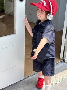 Dazy Kids 男婴水洗翻领休闲衬衫和宽松牛仔裤套装（夏季款） - 藍色 - 查看 6