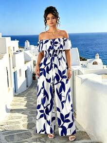 Linhara CURVE Plus Size Women's Vacation Print One-Shoulder Ruffle Gathered Jumpsuit - Navy Blue - View 4