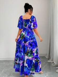 Elenzga Plus Size Square Neck Ruffle Sleeve Tropical Print Vacation Dress Wedding Guest Blue And White Summer - Purple - View 2