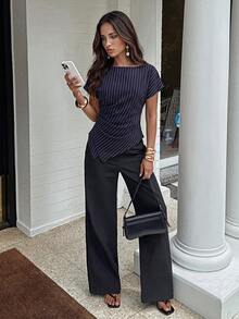 Aloruh Áo sơ mi kẻ caro dáng suông, thanh lịch, thích hợp cho đi làm, mặc thường ngày và cả công sở thời trang/mùa thu/đi học/giáo viên/áo đi chơi/áo công sở nữ/áo sơ mi kẻ sọc/áo công sở nữ/áo giáo viên - Màu xanh hải quân - Xem 4