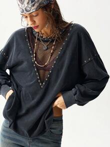 Bohemela Plus Size Women's Fashion Hip-Hop Rivet Contrast Mesh Sheer Design Sweatshirt Fall - Black - View 3