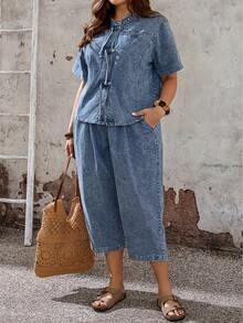 EMERY ROSE EMERY ROSE Plus Size Women's Dark Blue Washed Denim 2-Piece Set,Summer Casual Vacation Button-Front Short Sleeve Mandarin Collar Top & Elastic Waist Culottes - Blue - View 6