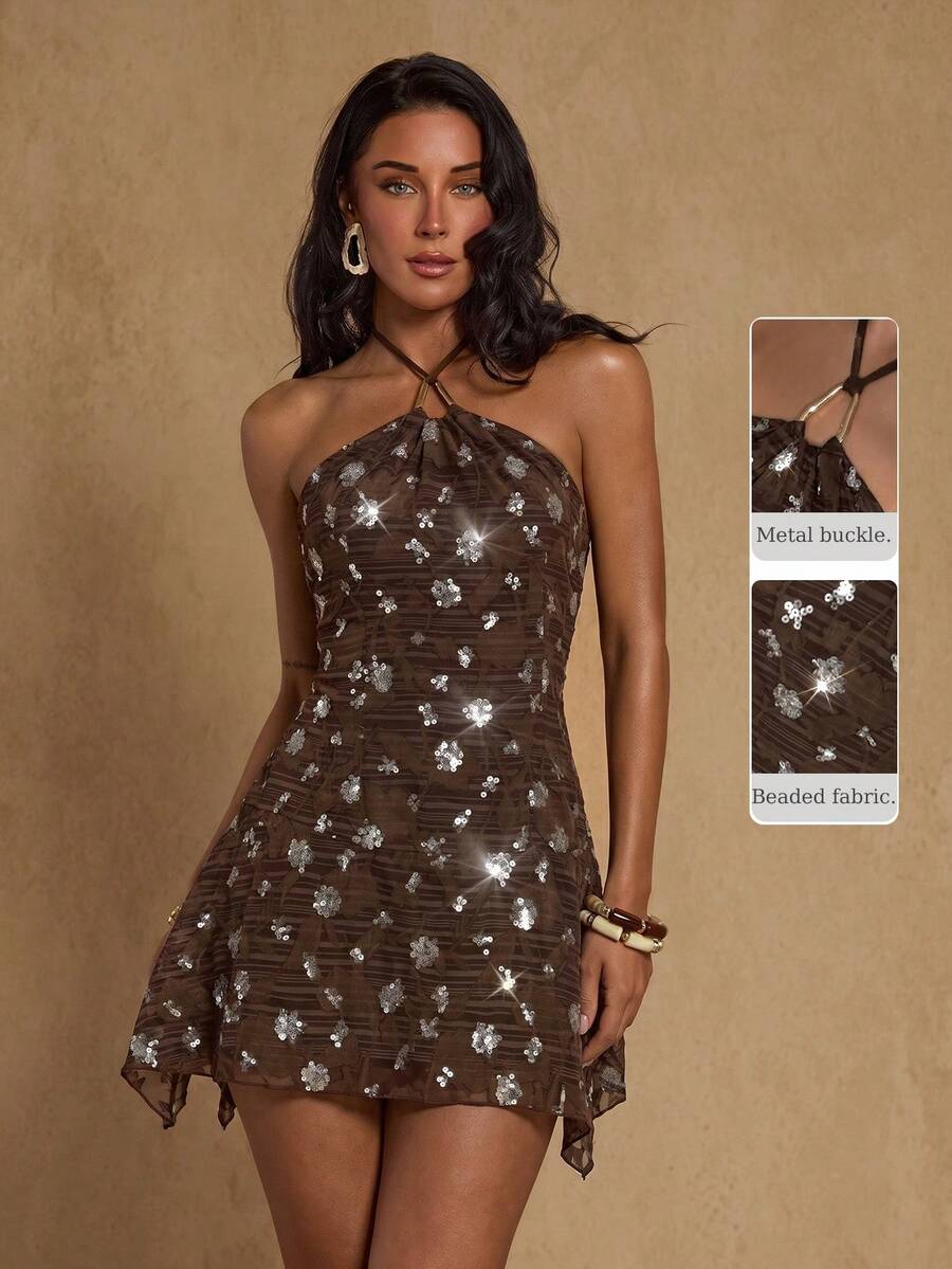 SHEIN Glamour 女士绿色纹理刺绣露背不对称下摆迷你连衣裙，绿色连衣裙，性感假日约会情人节派对短裙
