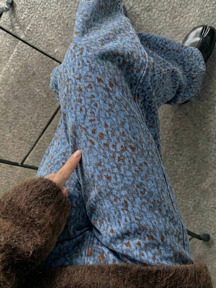 DAZY 女款全幅花卉印花耐穿青春優雅韓系街頭風牛仔褲可愛上衣 - 藍色 - 查看 1