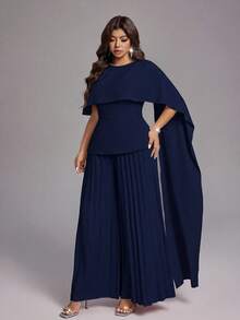 Viva Relle Plus Size Women's Spring/Summer New Light Luxury Banquet Style Bean Paste Pink Jumpsuit, Asymmetric Shawl Waist-Cinched Pleated Wide-Leg Pants. Suitable For High-End Evening Parties, Wedding Guests, Red Carpet Shows, Light Luxury Banquet Style Fashion Apparel - Navy Blue - View 4