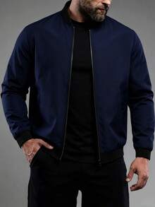 Manfinity Homme Jaket Baseball Kasual Pria Ukuran Besar dengan Kerah Resleting Warna Kontras - Navy Blue - View 1