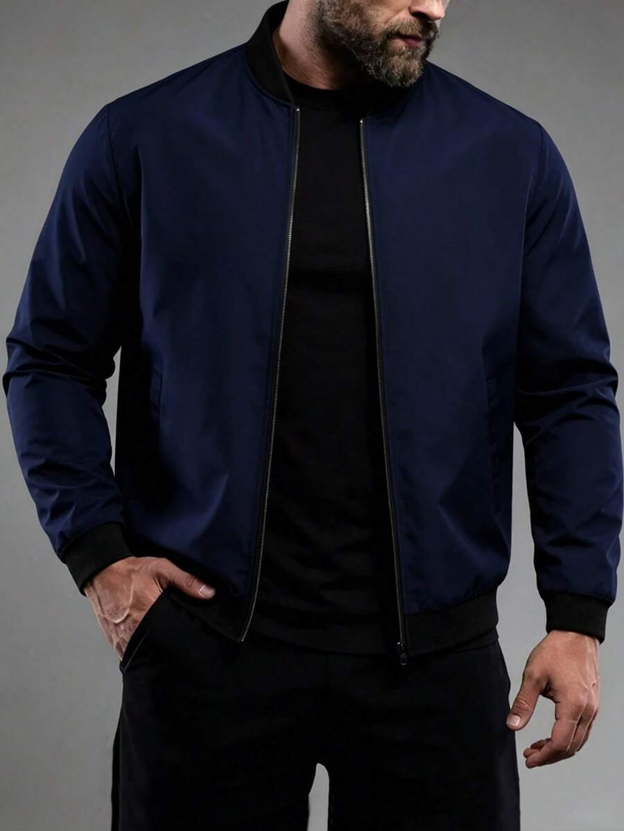 Manfinity Homme Jaket Baseball Kasual Pria Ukuran Besar dengan Kerah Resleting Warna Kontras - Navy Blue - View 1