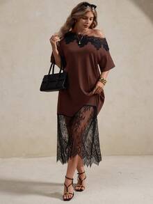 Elegantrix Plus Size Women's Spring/Summer Asymmetrical One-Shoulder Lace Patchwork Elegant Dress - Brown - View 3