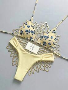Swim Mod 女款夏季海灘花卉印花掛脖綁帶性感比基尼三角泳褲兩件式泳衣套裝 - 彩色 - 查看 4