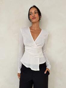 Aloruh Elegante maglietta casual da donna con scollo a V, maniche lunghe, stile minimalista, top versatile per tutti i giorni - Albicocca - Visualizzare 5