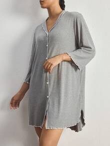 Ocili Ribbed Comfortable Wood Frill Trim Turndown Collar Shell Button Plus Size Nightgown - Dark Grey - View 5