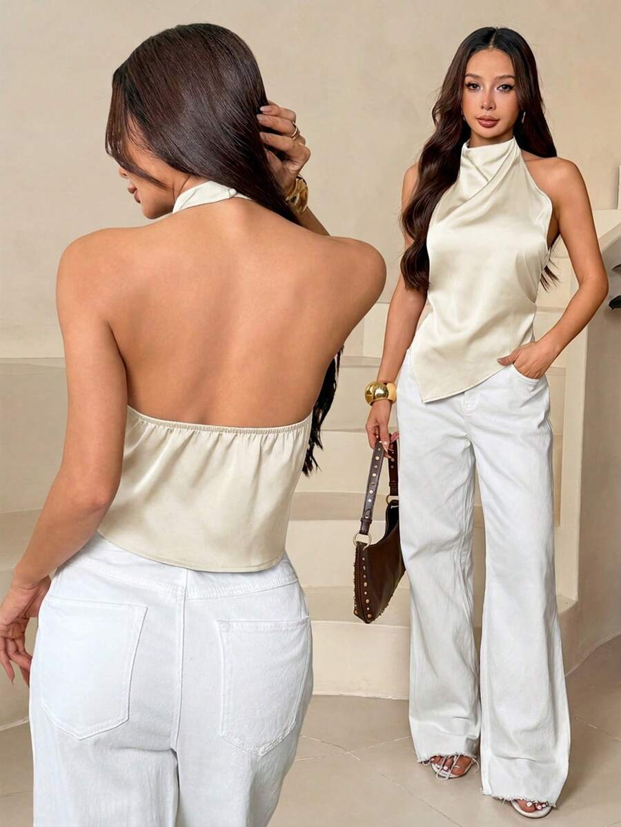 SHEIN PETITE 女款性感露背掛脖上衣,優雅適用於派對、通勤與度假,夏季款 - 米色 - 查看 1