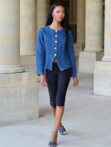 Mima John Women's Blue Denim Jacket With Round Neck, Long Sleeves And Waist, Decorated With Metal Buttons, Suitable For Korean-Style Workplace Wear In Autumn Winter Casual Spring - Dark Wash - View 1