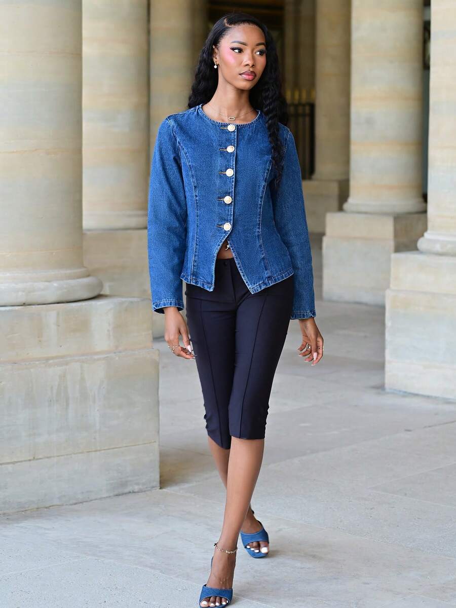 Mima John Women's Blue Denim Jacket With Round Neck, Long Sleeves And Waist, Decorated With Metal Buttons, Suitable For Korean-Style Workplace Wear In Autumn Winter Casual Spring - Dark Wash - View 1