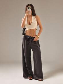 SHEIN PETITE Women's Solid Color Tie Waist Wide Leg Loose Casual Versatile Pants - Brown - View 6