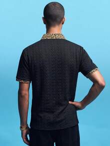 NobleFwd Men's Knitted Jacquard Solid Texture Leopard Print Collar & Cuff Ribbed Formal Polo Shirt - Black - View 2