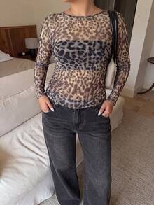 Dripcurv Plus Size Women's Leopard Print Casual Versatile Daily Wear Long Sleeve Top - Multicolor - View 3