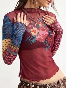 Bohemela Women's Vacation Floral Print Sheer Mesh Long Sleeve Top - Red Violet - View 5