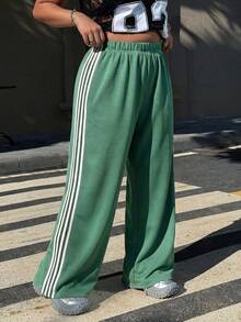 Muchica Plus Size Colorblock Striped Casual Loose Pants - Green - View 6