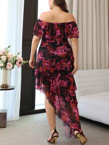 SHEIN Clasi Plus Size Women's Floral Print Off-Shoulder Ruched Casual Party Dress,Elegant Long Party Dress,Graduation Outfit For Mother - Multicolor - View 4