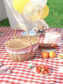 1 pieza Cesta de picnic de mimbre tejida a mano con tapa & asa, cesta tejida natural para almacenamiento de alimentos, camping, compras & decoración del hogar. Existe una ligera variación de color, sin impacto en el uso y la apariencia. - Cesta de picnic - Ver 5